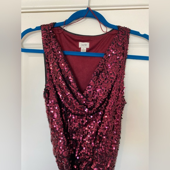 Burgundy sequin Cache cowl neck mini dress with black satin ribbon. Size 4. - Picture 2 of 5